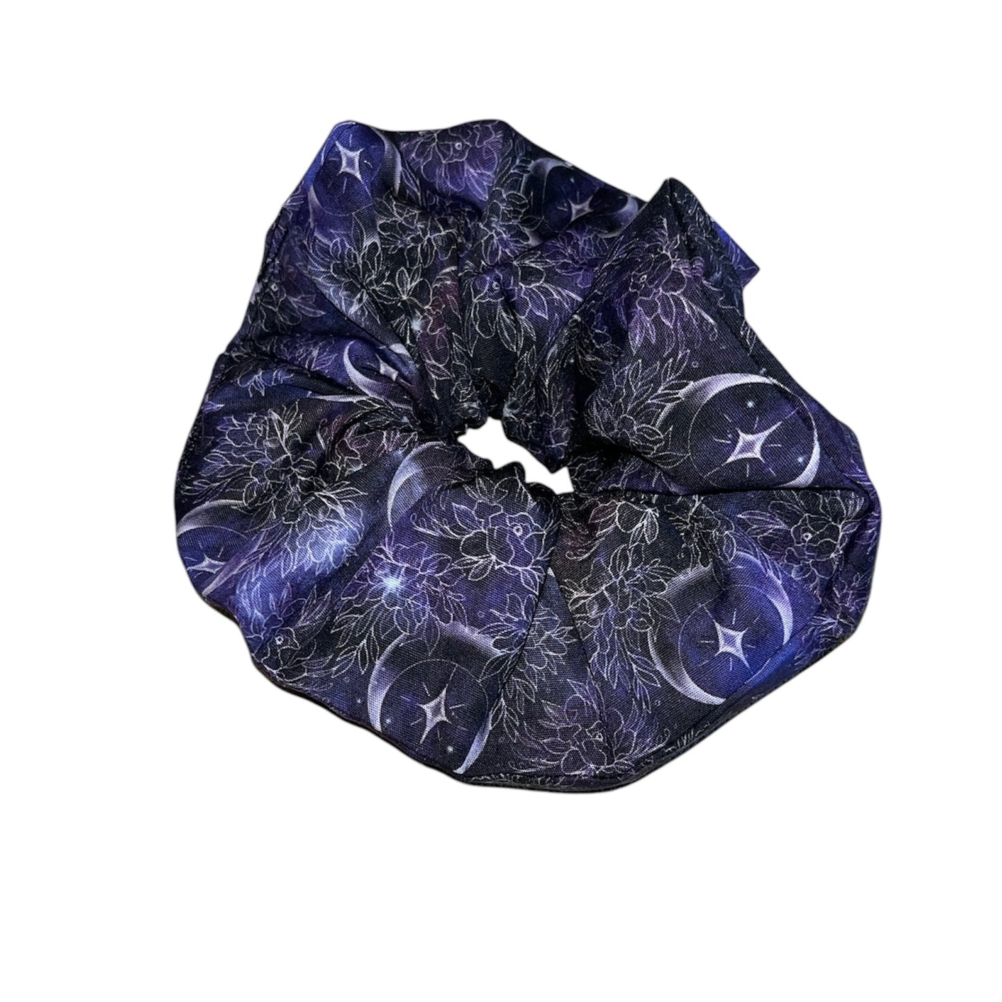 Purple and white celestial flowers scrunchies