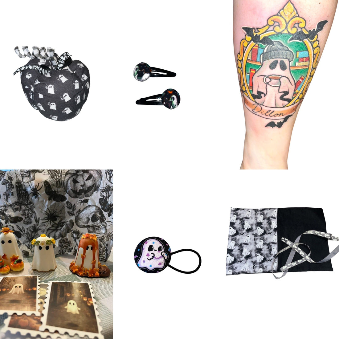 Picture shows various accessories made in ghost fabric including a pumpkin, hair clips, a bobble, and a book wrap. there are also photos of a tattoo of a ghost drinking coffee and a collection of clay ghosts