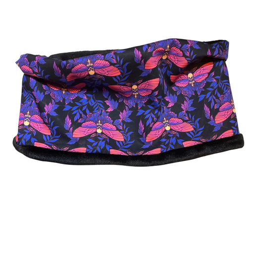 Purple and pink death moth fleece lined snood