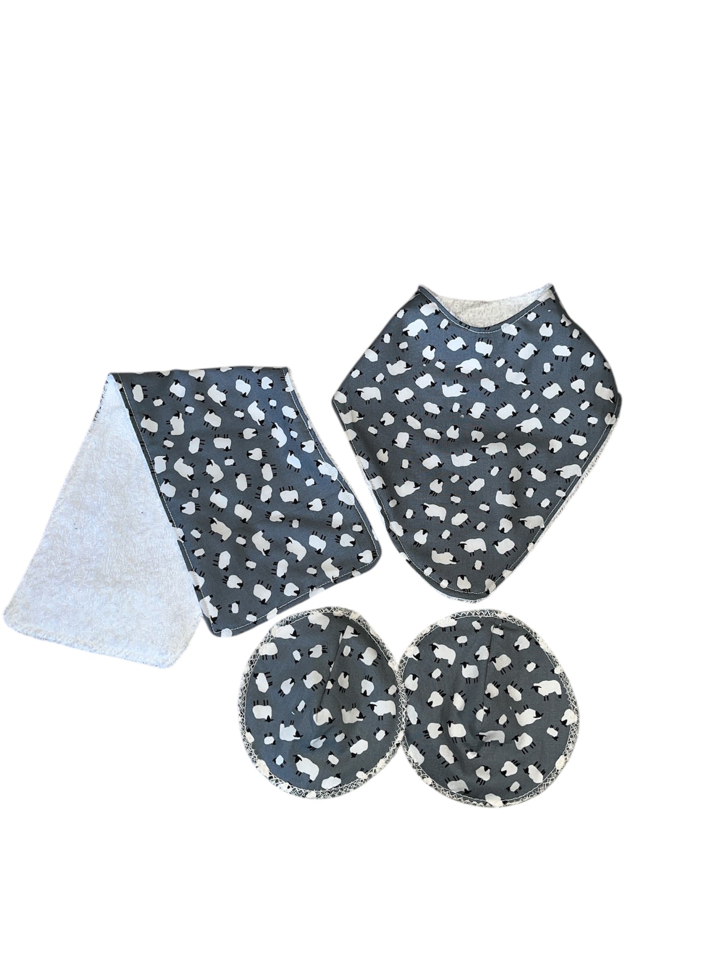 Grey and white sheep towelling backed reusable baby set