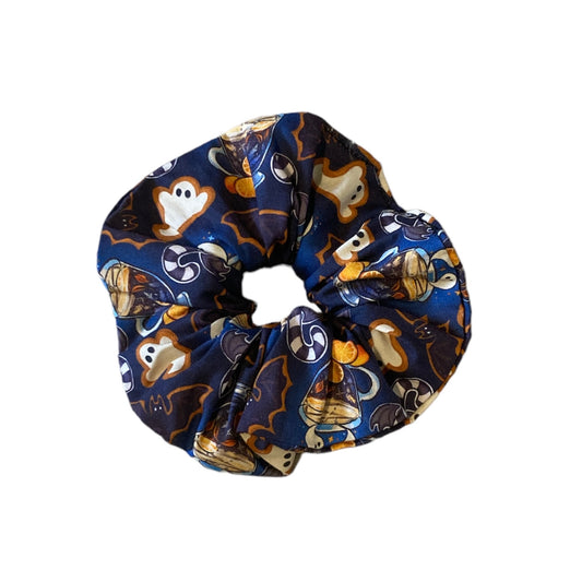 Cotton Scrunchie with ghost and bat biscuit pattern and cups of tea with ghosts coming out of them. 