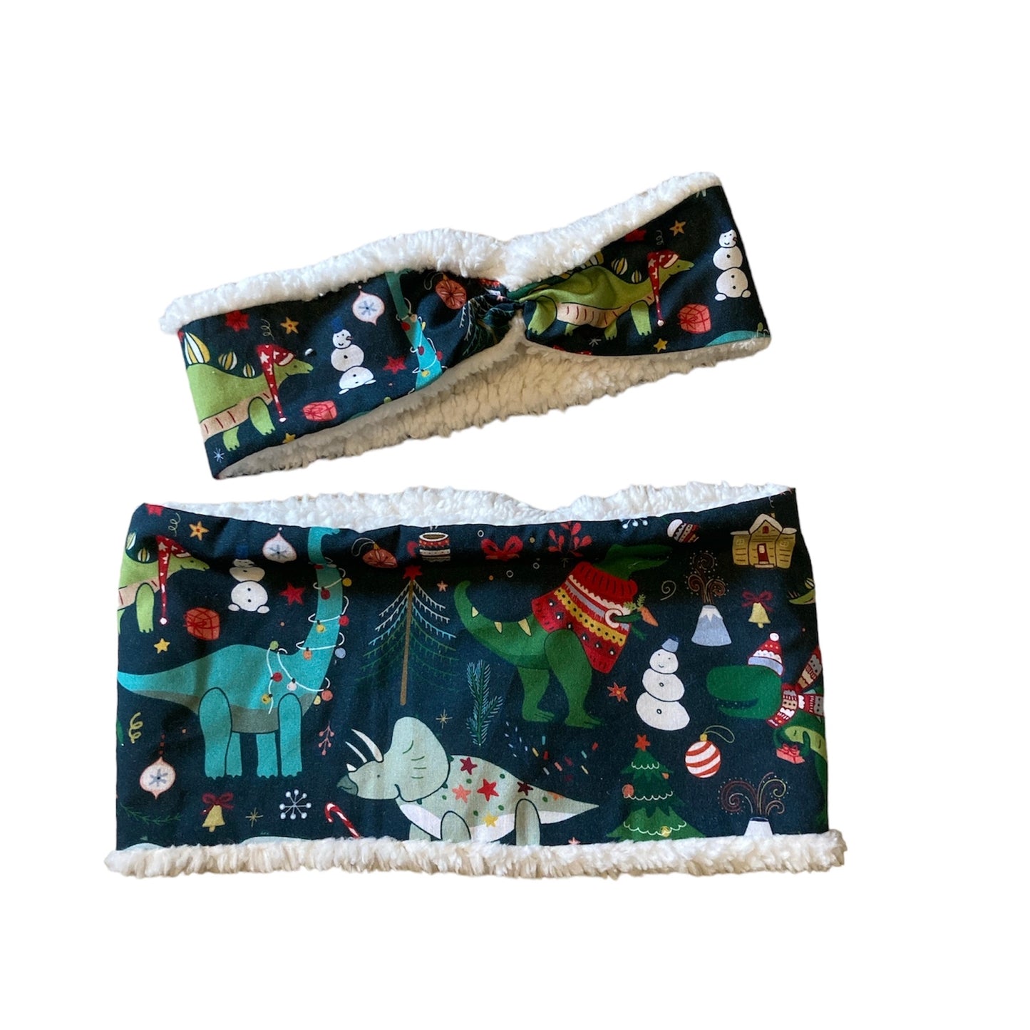 Festive Christmas Dinosaur fleece lined headwarmer