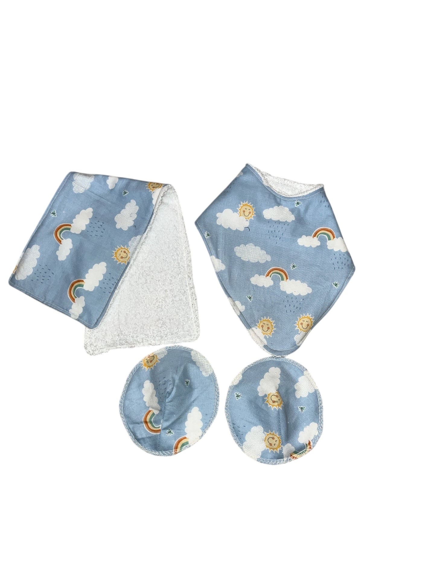 Cute rainbow and sun towelling backed reusable baby set