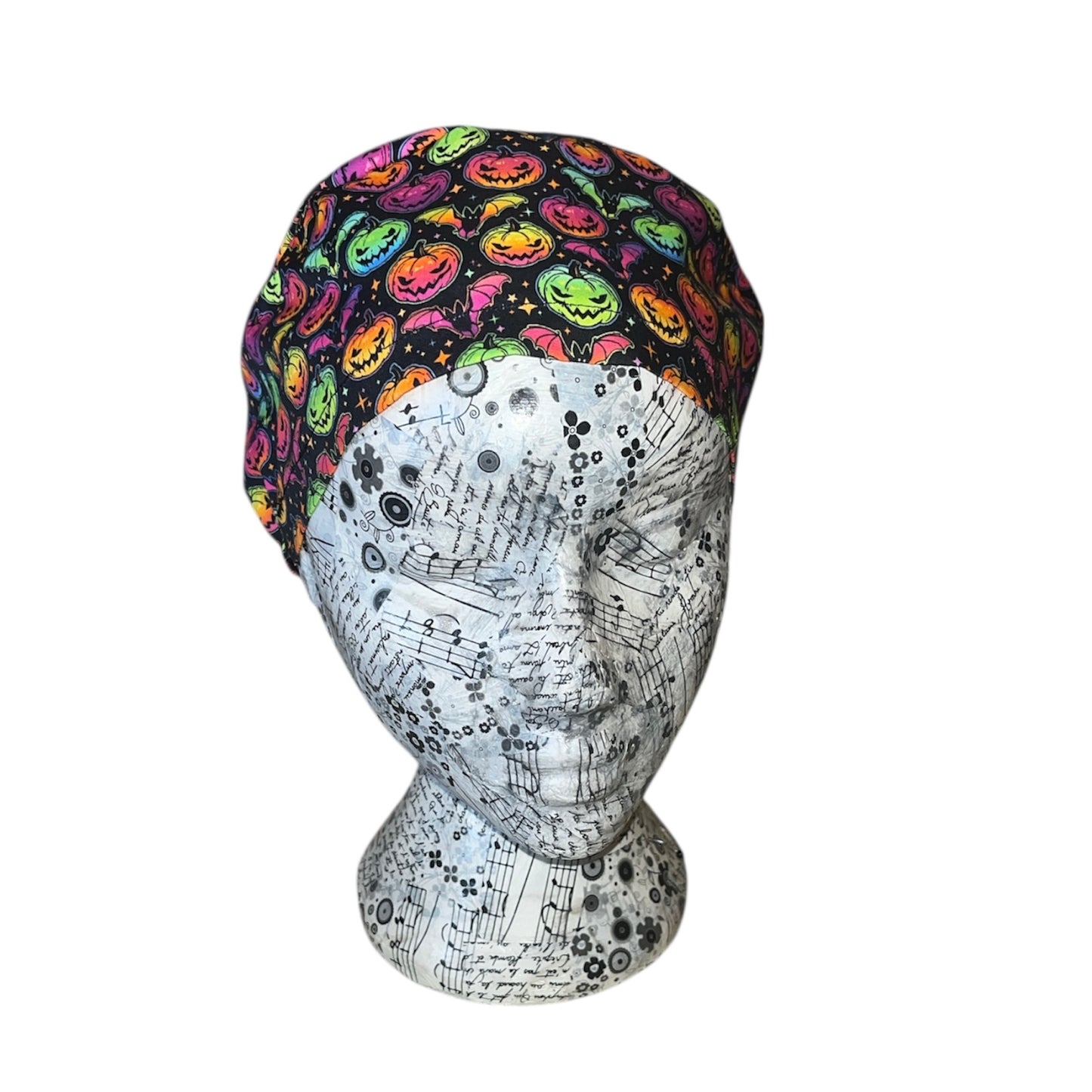 Neon pumpkin and bat scrub cap