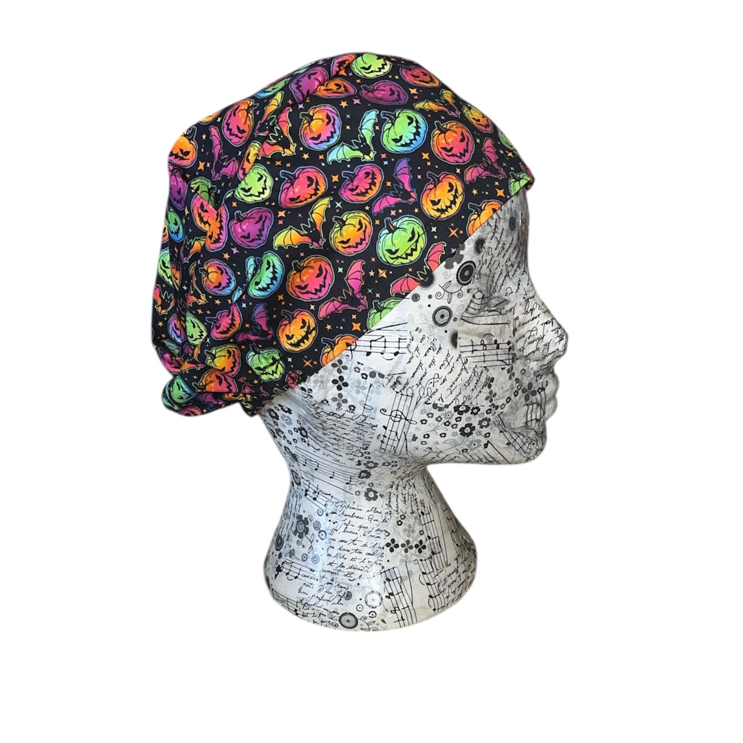 Neon pumpkin and bat scrub cap