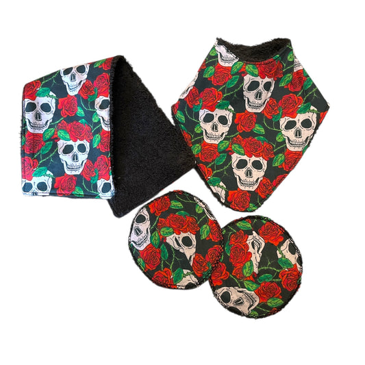 Skull and rose towelling backed reusable baby set